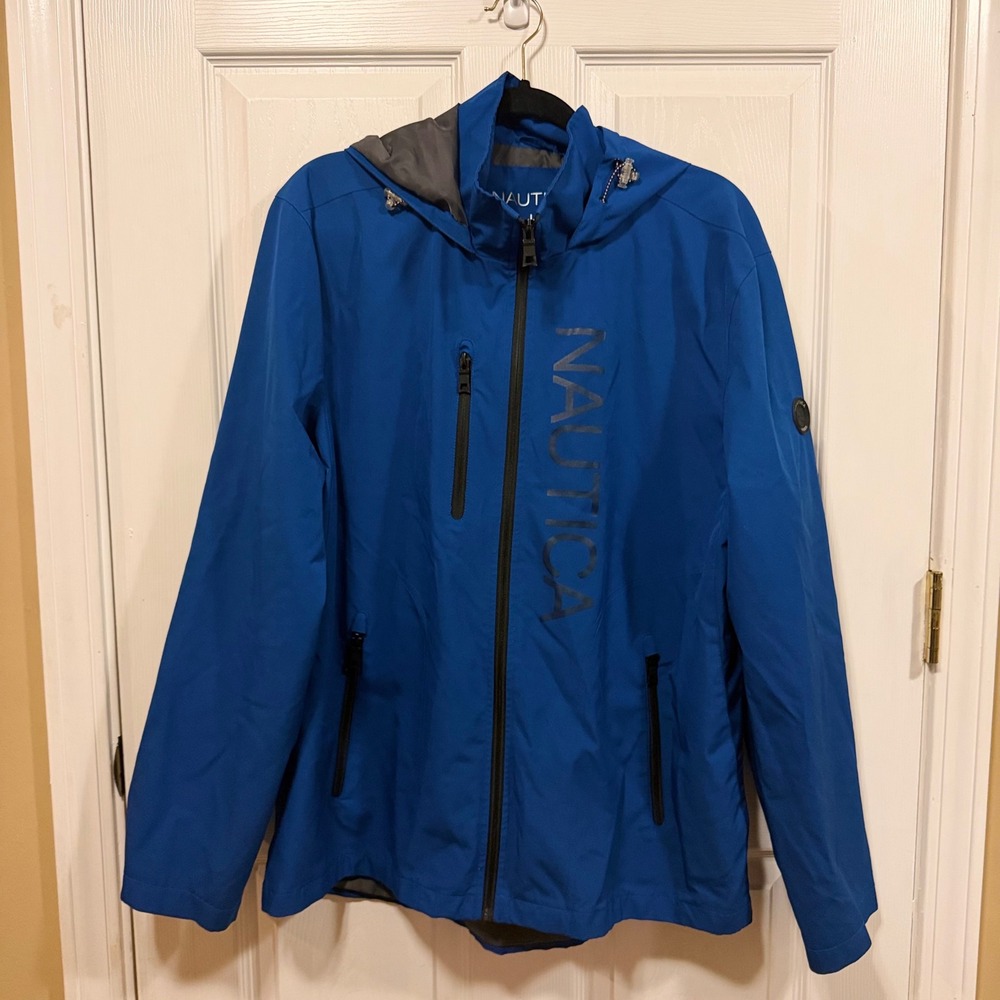 Nautica Mens Blue Softshell Hooded Jacket Water Resistant Active Stretch Large